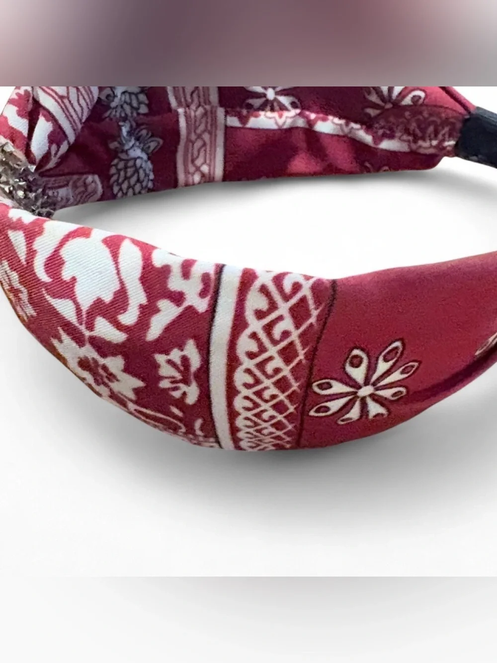 Pink Patterned Bow Headband with Crystal Accent